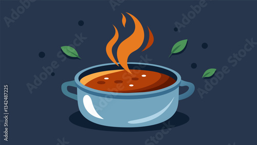 Steam rises from the pot as the mole sauce continues to cook revealing the earthy essence of coriander and a hint of orange zest.. Vector illustration