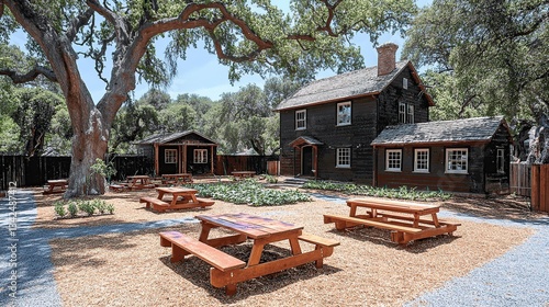 Rustic outdoor dining area with historic buildings