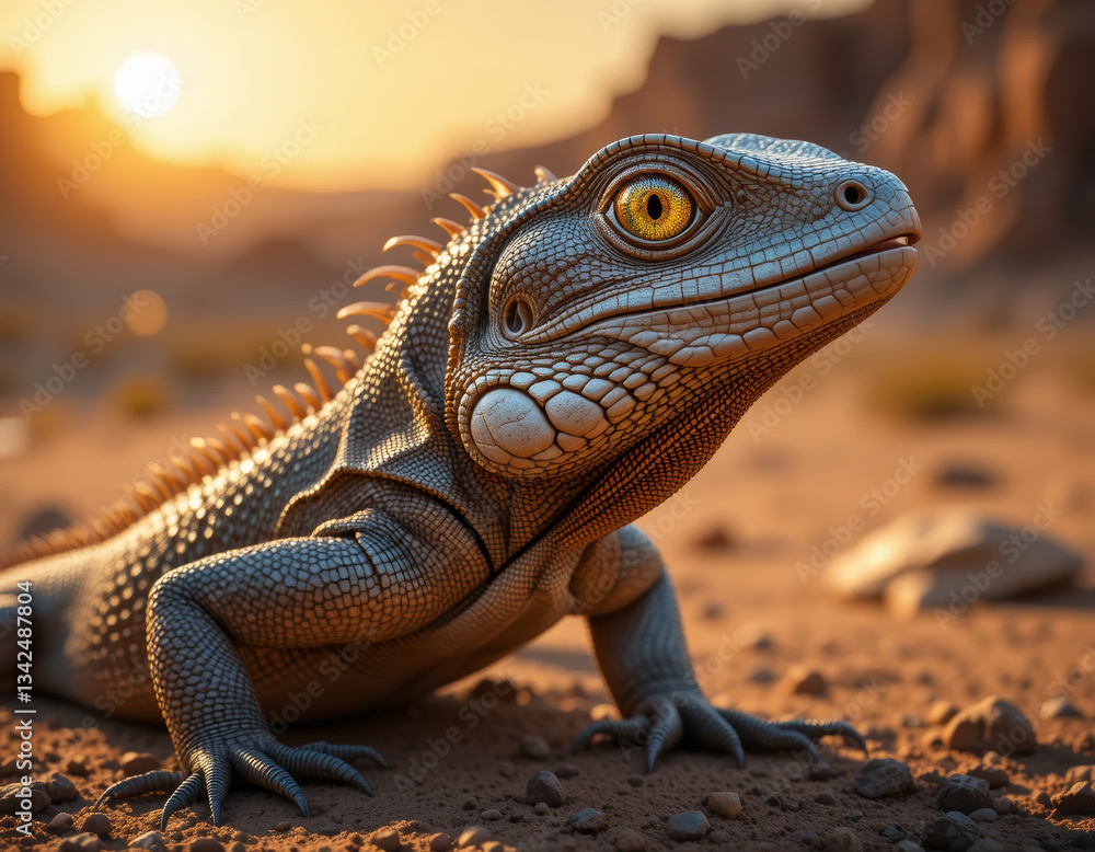 Obraz premium detailed lizard with textured skin in desert landscape at sunset