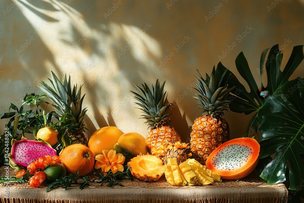 Vibrant Display of Tropical Fruits Including Pineapples, Melons, and Exotic Varieties Vibrant Display of Tropical Fruits Including Pineapples, Melons, and Exotic Varieties