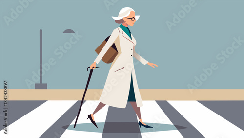 A classy older woman wearing a classic trench coat and a string of pearls exudes effortless elegance as she crosses the street with her walking cane.. Vector illustration