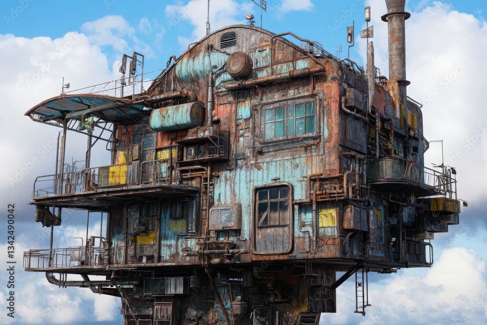 Rusty industrial structure with weathered metal, aged architecture, post-apocalyptic style, detailed textures, dramatic sky background