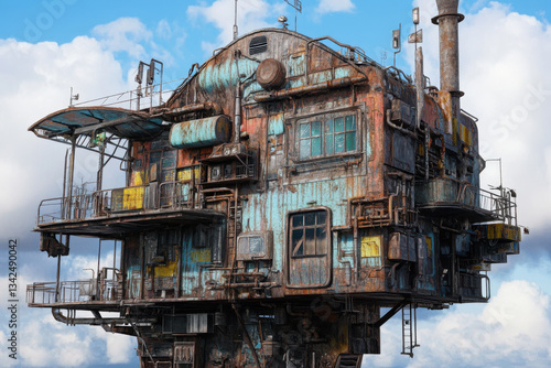 Obraz na płótnie Rusty industrial structure with weathered metal, aged architecture, post-apocalyptic style, detailed textures, dramatic sky background w salonie