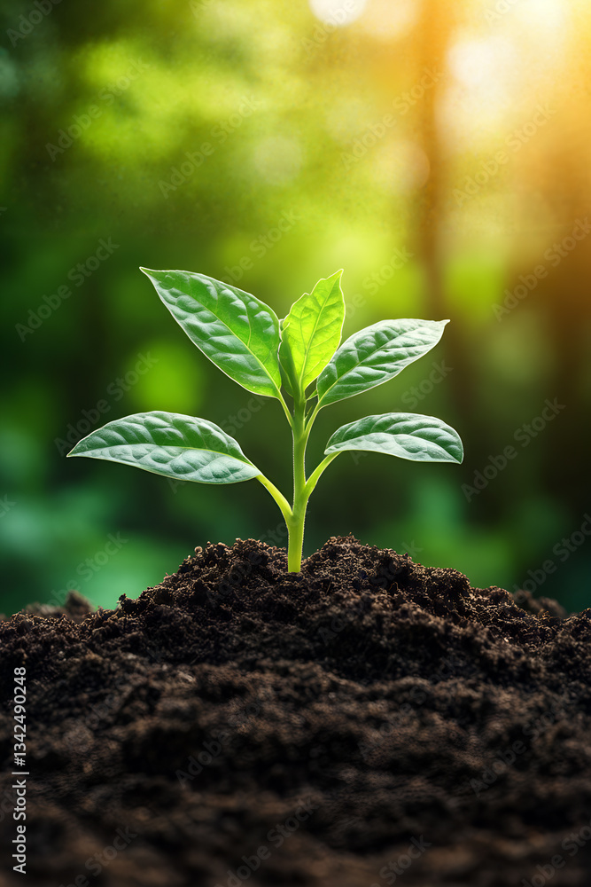 Fototapeta premium Young green plant sprouting from rich soil under warm sunlight in lush forest environment