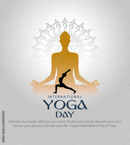 International yoga day poster design with silhouette of human seeting in a lotus pose on a mandala background 