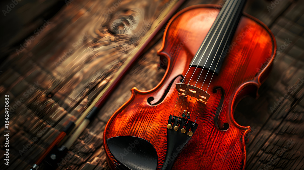 Fototapeta premium Close-Up of Elegant Violin on Vintage Wooden Surface with Intricate Details and Warm Tones Highlighted by Subtle Lighting