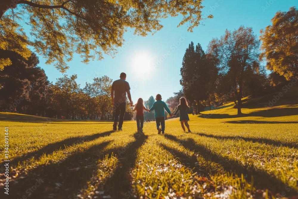 Fototapeta premium A parent and three children walk hand in hand across a sunny green field in a park. Trees surround them with bright sunshine.