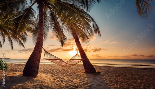 Fototapeta Naklejka Na Ścianę i Meble -  Hammock Swaying Between Palm Trees Overlooking a Tranquil Tropical Beach at Sunset
