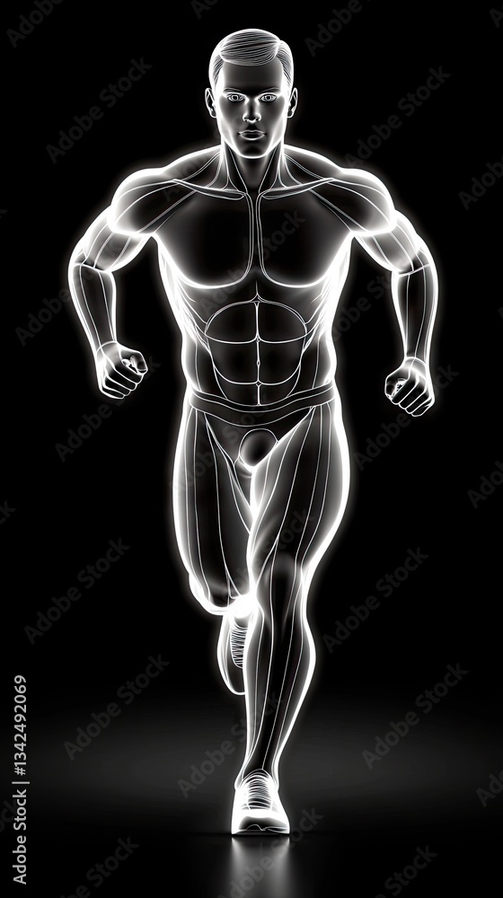 Digital illustration of a running male body, highlighting muscle structure. Possible use for anatomy or sports Digital illustration of a running male body, highlighting muscle structure. Possible use for anatomy or sports