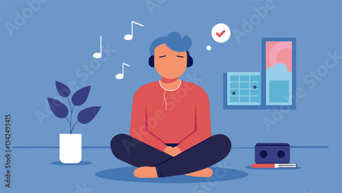 A middleaged man sits in a quiet room eyes closed while listening to a customized playlist of songs that hold personal significance to him. With each song he slowly unravels his. Vector illustration