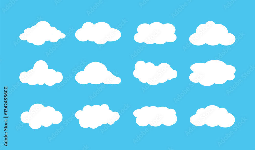 White clouds flat icons collection. Abstract simple cartoon clouds and blue sky. White clouds flat icons collection. Abstract simple cartoon clouds and blue sky.