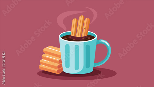 Steam rose from the steaming mug of hot chocolate inviting me to take a sip before diving into a stack of warm crispy churros.. Vector illustration