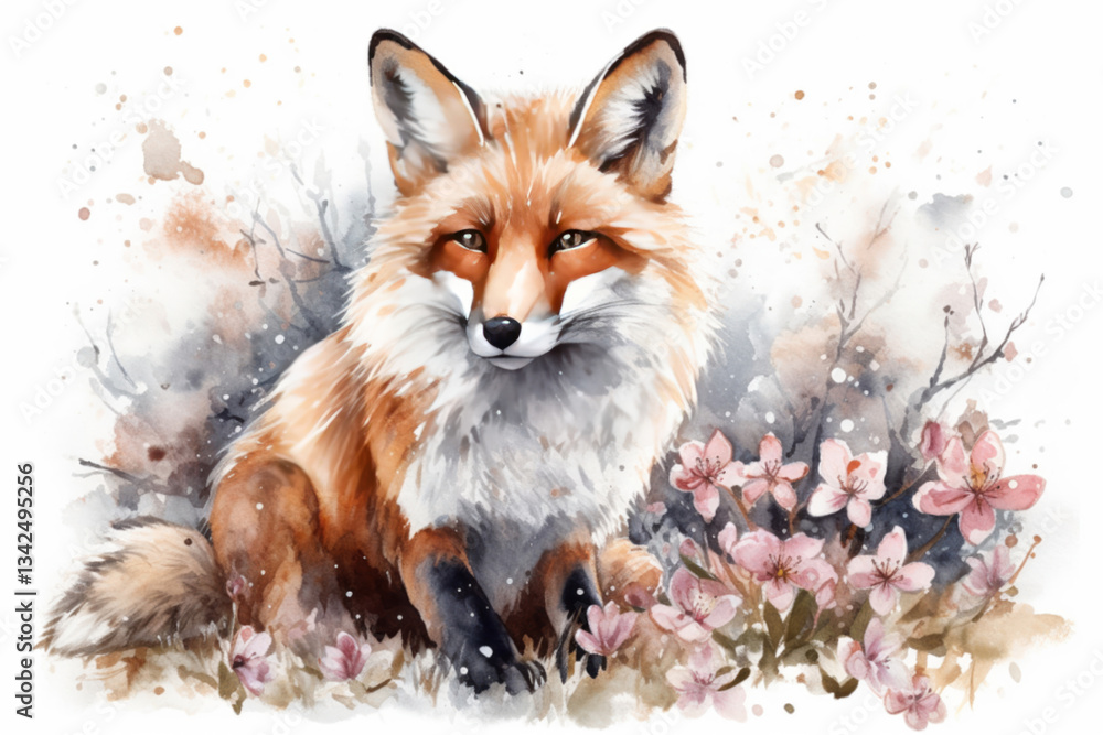 Obraz premium fox among flowering spring branches., watercolor painting , Generative AI
