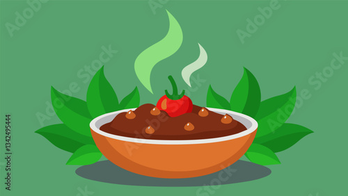 Steam rising from a steaming bowl of ropa vieja topped with vibrant green cilantro leaves and juicy red bell peppers.. Vector illustration