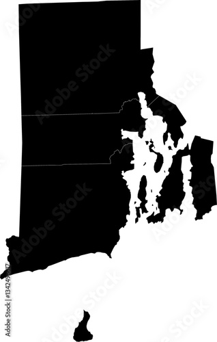 A black and white outline map of Rhode Island displaying county boundaries and state regions.