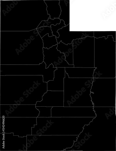 A black and white outline map of Utah featuring state lines and county divisions.
