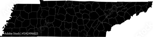 A black and white outline map of Tennessee showing state and county borders.