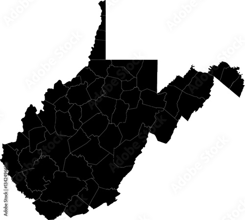 A black and white outline map of West Virginia highlighting county divisions and state borders.