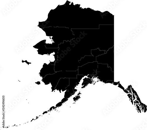 A black and white outline map of Alaska showing detailed county divisions and boundary lines.
