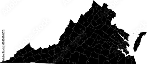 A black and white outline map of Virginia showing state divisions and county borders.