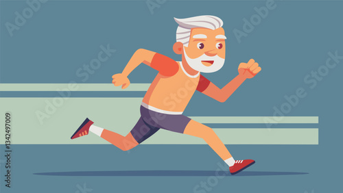 A boomer man with a determined look on his face pushes through the last few miles of a marathon as he aims for a personal best time.. Vector illustration