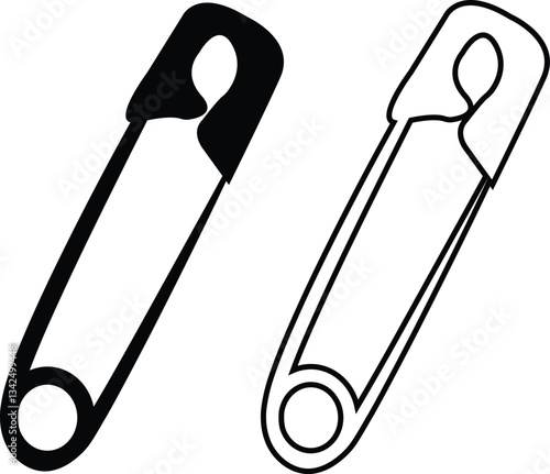 Continuous flat and line safety pin icon set. Single line art safety doodle outline open safety pin vector collection isolated on transparent background. steel tool design for fashion, security needle