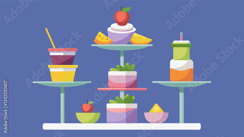 A tiered stand holding fruit skewers veggie wraps and yogurt parfaits.. Vector illustration