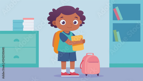 The child stands back proudly surveying their perfectly packed backpack ready for a new school year.. Vector illustration
