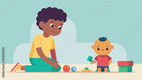 A child learning to pause and think before grabbing a toy from another child.. Vector illustration