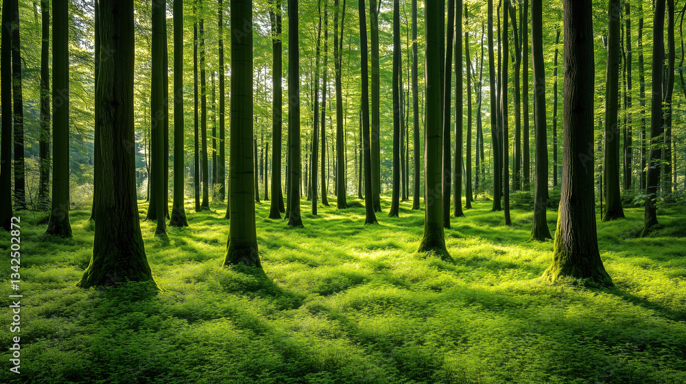 Obraz premium Lush Green Forest with Tall Trees, Sunlight Filtering Through Leaves, and Grass-Covered Soil Creating a Serene Natural Landscape
