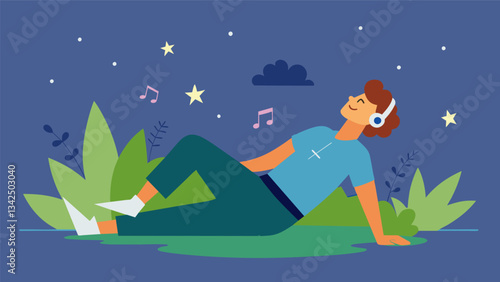 A concertgoer taking a break from the loud music stepping outside and lying down on the grass allowing the stars to soothe their overstimulated mind.. Vector illustration
