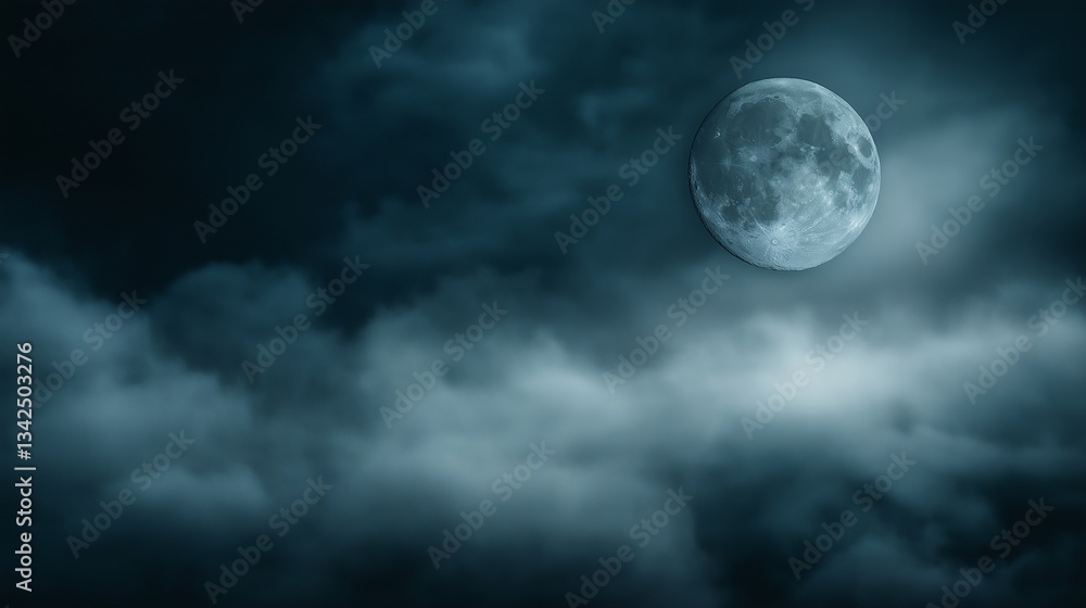Full Moon Night Sky: Beautiful Moonlit Night Clouds and Mystical Landscape Photography