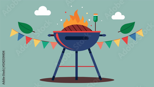 The asado grill is adorned with colorful flags and decorations representing the festive spirit of the occasion.. Vector illustration
