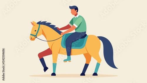 A man recovering from a stroke proudly sits upright on his horse determined to regain his strength and balance through theutic riding.. Vector illustration