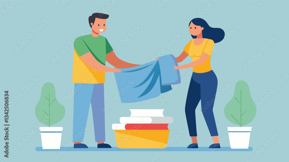 Fototapeta premium A couple folding laundry together appreciating the peacefulness of the task instead of rushing through it.. Vector illustration
