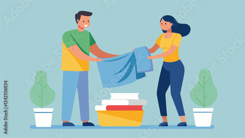 A couple folding laundry together appreciating the peacefulness of the task instead of rushing through it.. Vector illustration