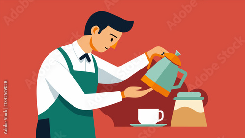 The barista carefully tilts the pot to control the pour creating a distinctive layered effect in the cup.. Vector illustration