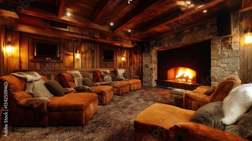 Cozy rustic home theater with fireplace and plush seating.