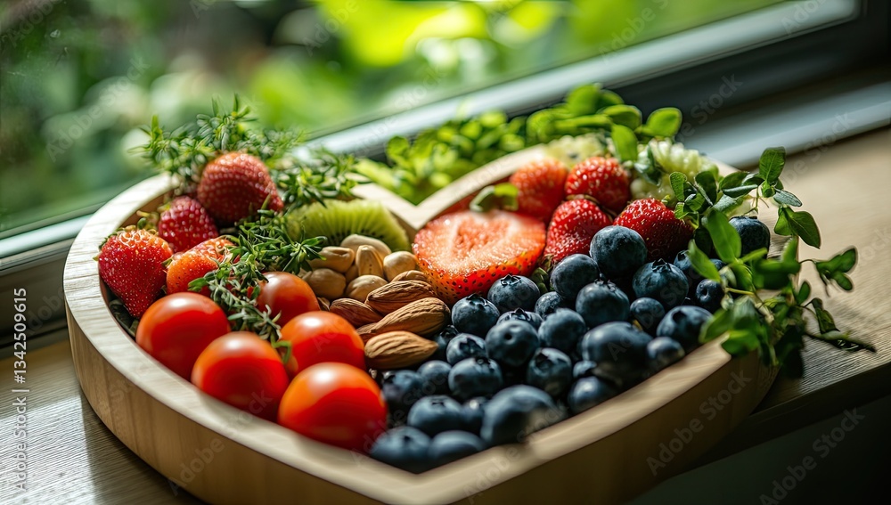 Heart-shaped bowl filled with fresh strawberries, blueberries, kiwi, cherry tomatoes, almonds, and herbs Heart-shaped bowl filled with fresh strawberries, blueberries, kiwi, cherry tomatoes, almonds, and herbs