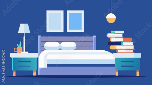 A minimalistic bedroom with crisp white linens and a stack of books next to the bed inviting a peaceful nights rest without the distraction of technology.. Vector illustration
