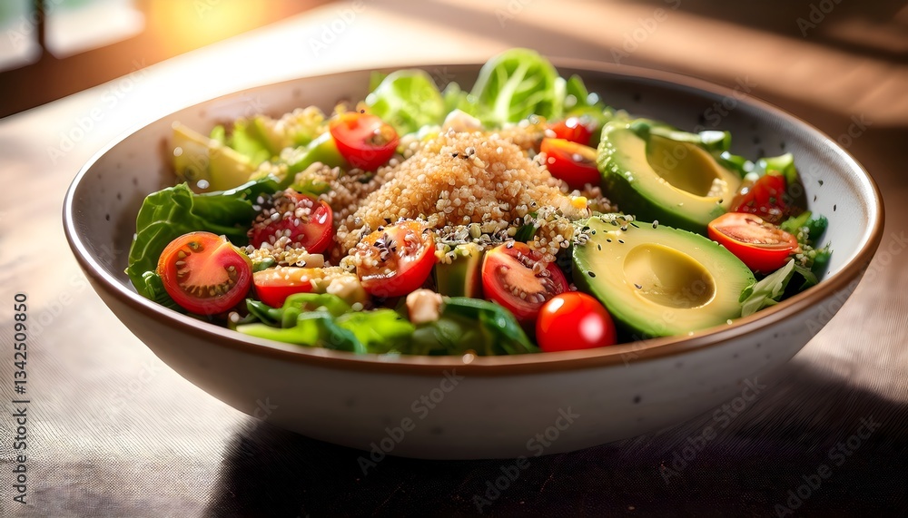 A close-up of a gourmet organic salad served in a ceramic bowl. A close-up of a gourmet organic salad served in a ceramic bowl.