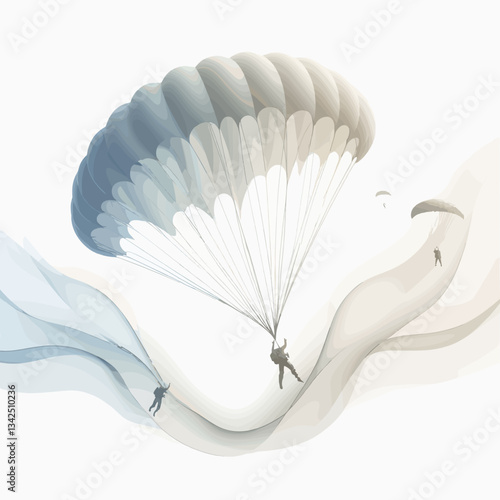 Vector illustration of parachutists gracefully descending with billowing fabric in soft blue tones