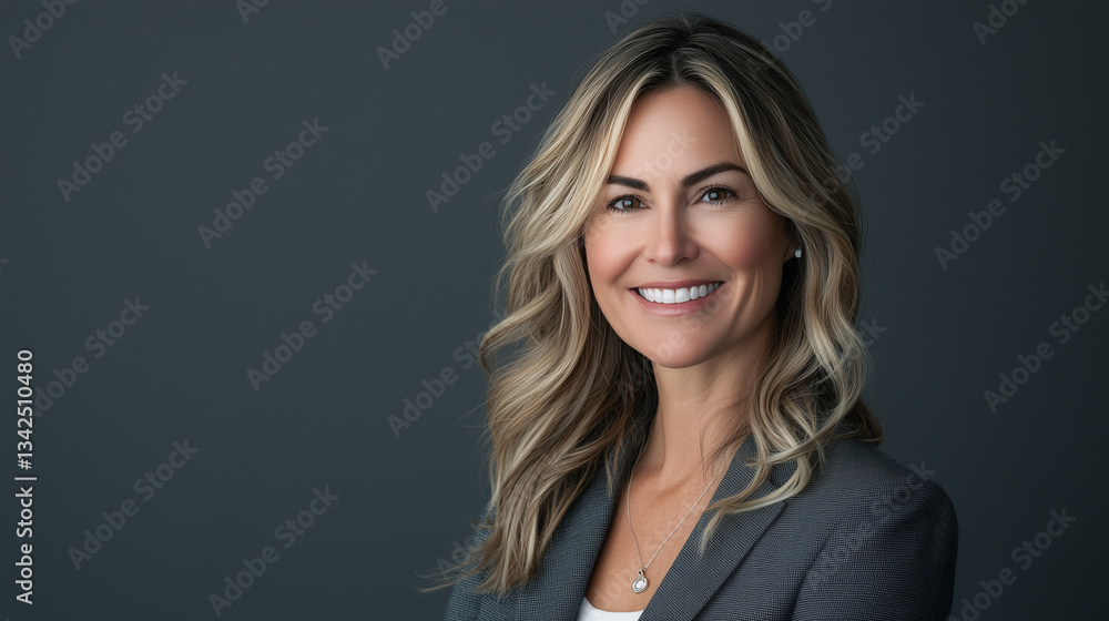 Naklejka premium A medium shot portrait of a woman with shoulder-length blonde hair styled in loose waves.&nbsp;She is wearing a gray blazer. The image features a shallow depth of field, focusing on the woman's face and