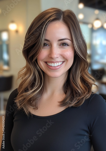 Wallpaper Mural Close-up portrait of a young woman with shoulder-length wavy brown hair featuring subtle highlights. The subject is smiling broadly, showcasing healthy skin and teeth. The image is well-lit, likely Torontodigital.ca