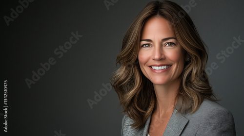 Close-up studio shot of a smiling woman against a solid gray backdrop. The subject is a middle-aged woman with shoulder-length wavy brown hair, wearing a gray suit jacket.  The lighting is soft and