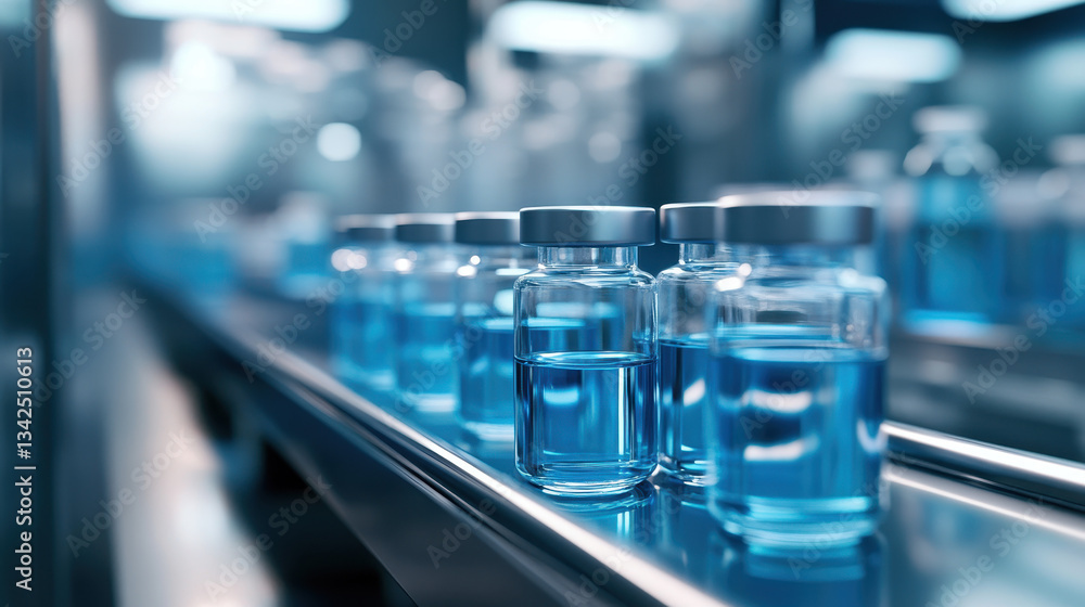 A row of vials filled with blue liquid on the production line in a medical innovation factory A row of vials filled with blue liquid on the production line in a medical innovation factory