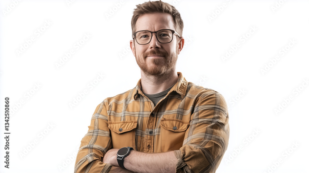 A close-up studio shot of a smiling man against a pure white background. The man is a redhead with a short beard and is wearing glasses and a mustard-yellow casual shirt. His arms are crossed across A close-up studio shot of a smiling man against a pure white background. The man is a redhead with a short beard and is wearing glasses and a mustard-yellow casual shirt. His arms are crossed across