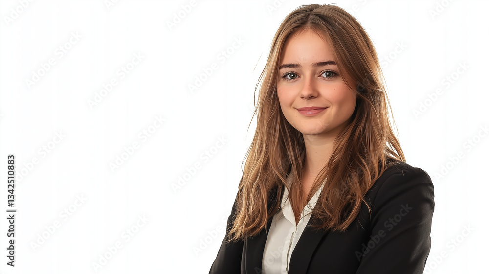 A close-up studio shot of a young woman with shoulder-length light brown hair, wearing a black blazer over a white collared shirt. The background is pure white, providing high contrast to the A close-up studio shot of a young woman with shoulder-length light brown hair, wearing a black blazer over a white collared shirt. The background is pure white, providing high contrast to the