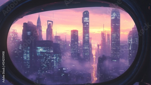 Futuristic city skyline viewed through a porthole at sunset.