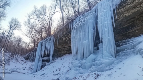 Frozen waterfall cascading down icy cliff face in winter forest.